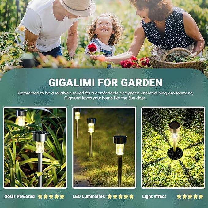 GIGALUMI 16 Pack Solar Lights Outdoor Waterproof,Stainless Steel LED Solar Garden Lights, Solar Pathway Lights Outdoor, Outdoor Solar Lights for Yard, Patio, Lawn and Landscape(Warm White)