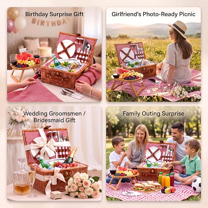 Wicker Picnic Basket Set for 2 with Foldable Table, Blanket, Insulated Liner, Large Handmade Willow Hamper Basket Sets with Cutlery Kit for Outdoor Camping Couples Wedding Bridal Shower Gift