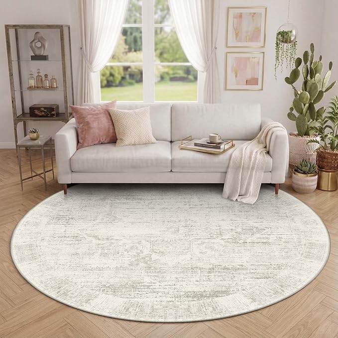 Latte&Fog 6ft Round Area Rug forBedroom Washable Circle Neutral Ivory Rug | Non Slip Low Pile Soft Floral Indoor Carpet for Living Room Kids Playroom Nursery Classroom Dorm Decor Dining Kitchen Office