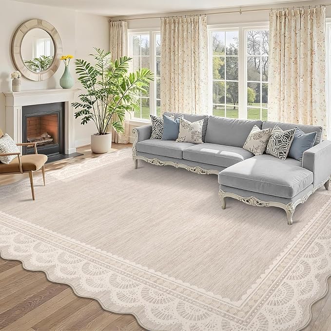 Garvee Washable Area Rug 8x10 Scalloped Lace Rug for Living Room Beige | Non Slip Low Pile Rug, Non-Shedding Carpet for Bedroom Playroom Kids Room, Stain Resistant Rugs, Solid Rug for Girls Room