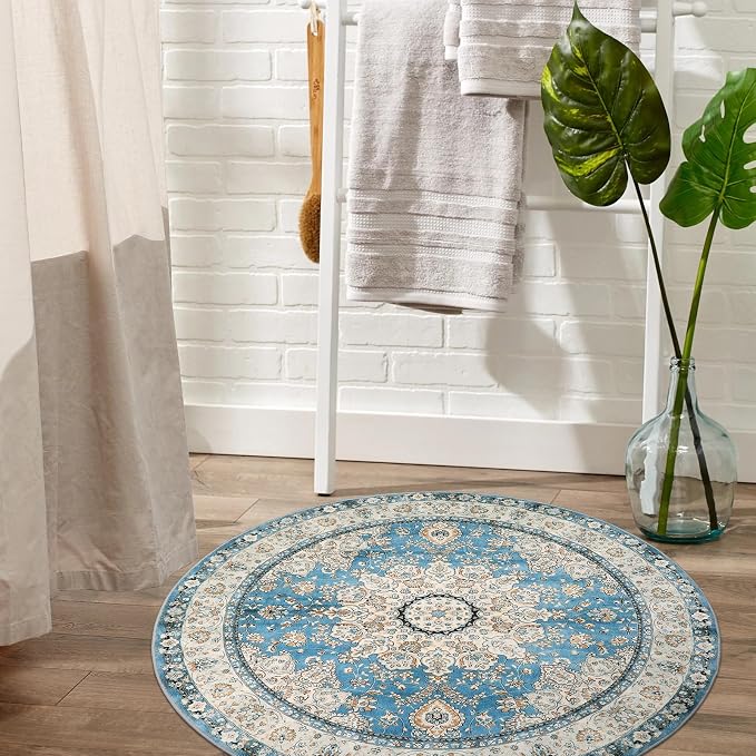 Lahome Felice Oriental Floral Medallion Round Rug - 3Ft Blue Small Round Area Rug, Soft Non-Slip Washable Bathroom Mat Indoor Throw Kitchen Carpet for Bedroom Chair Closet Decor