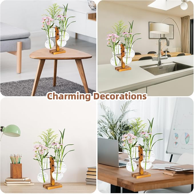Plant Propagation Station with Wood Stand - 4 Bulb Glass Vases | Propagation Vases for Plants, Terrarium Kit for Home Office Garden Decor, Gifts for Plant Lovers
