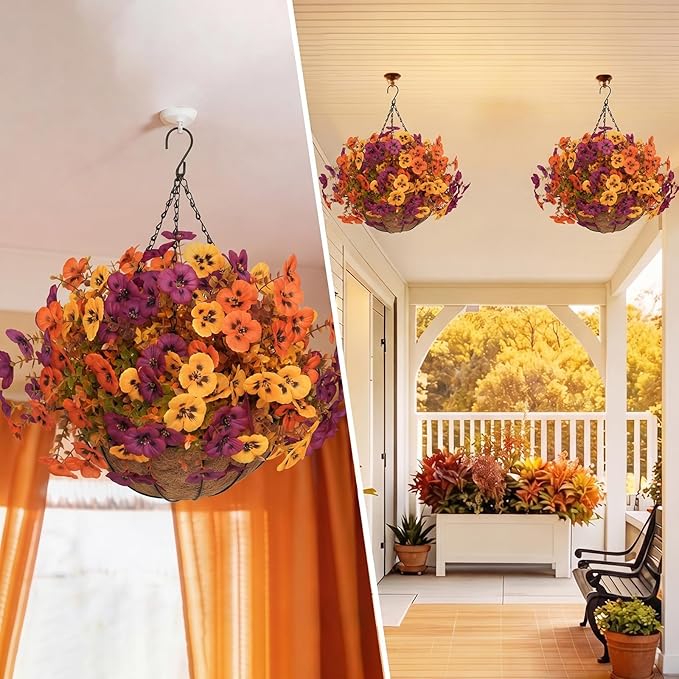 2 Set Artificial Fall Hanging Flower Baskets for Outdoor Autumn Decor, 2 Fall Hanging Baskets with 24Pcs Silk Fake Mums Plants for Front Porch Garden Patio Balcony Yard Home Decoration