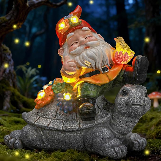 Solar Gnome Statue Outdoor Decor,Gnome on Turtle Figurines with LED Light for for Garden Yard Balcony Lawn Christmas Housewarming for Women Mom Grandma