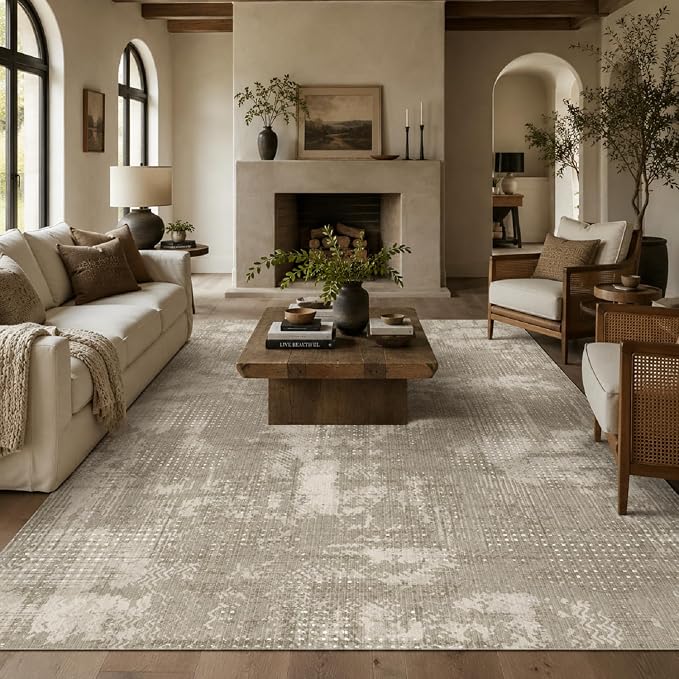9CH Neutral Abstract Area Rug 5x7, Washable Non Slip Transitional Rug， Soft Low Pile Distressed Carpet for Modern Farmhouse Living Room Bedroom