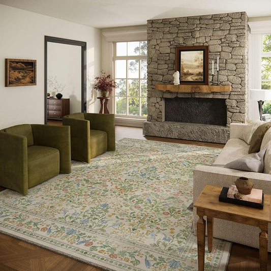 Washable Area Rugs for Living Room: 9x12 Bedroom Rug Boho Vintage Stain Resistant Non Slip Low Pile Lightweight Soft Carpets for Dining Room Kitchen Nursery Kids Room Farmhouse Living Room