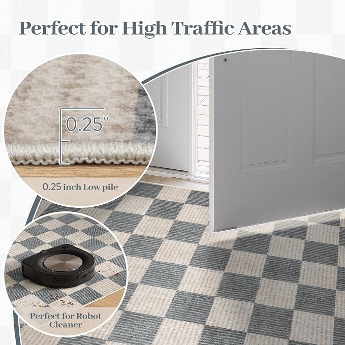 LIVEBOX 3x5 Washable Area Rug Checkered Clearance, Non-Slip Small Entryway Rug Grey Farmhouse Neutral Classic Geometric Boys Rug for Bedroom Living Room Low-Pile Carpet for Indoor Kitchen(Grey 3'x5')