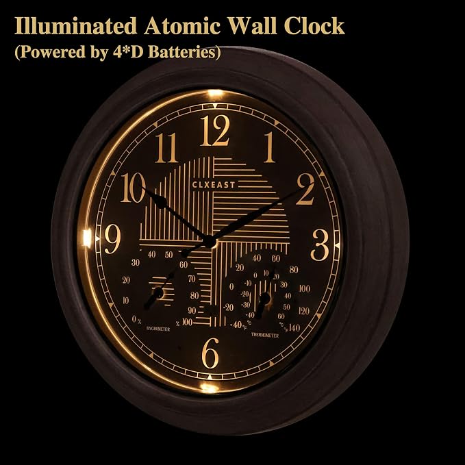 CLXEAST 18 Inch Farmhouse Illuminated Outdoor Atomic Wall Clock with Thermometer & Hygrometer Combo, Night Lighted Wall Clock with Smart Sensor,Brushed Grey Oak Finish