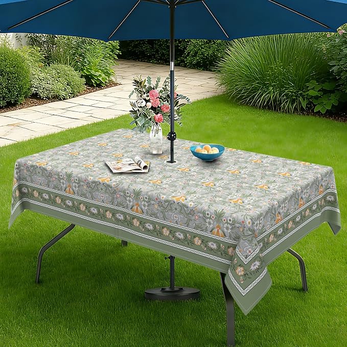 Green Print Outdoor Tablecloth with Umbrella Hole 60" x 102" Waterproof Zipper Table Cloth for Patio Table - Ideal Tablecloths for Picnics, Camping, and Yard Use