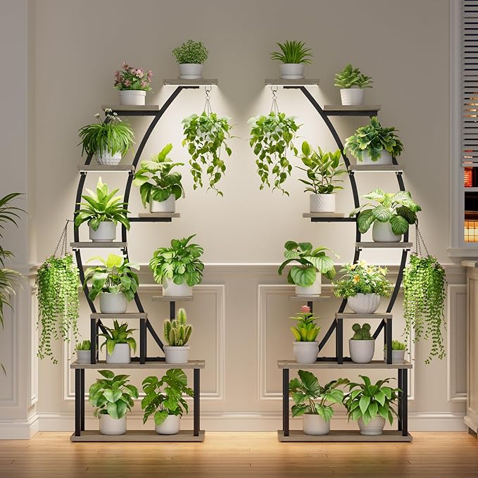 BACEKOLL Plant Stand Indoor with Grow Lights, 9 Tiered Metal Plant Shelf, 64" Tall Plant Stand for Indoor Plants Multiple, Large Plant Rack Display Shelf, Curved Plant Holder for Living Room, Grey