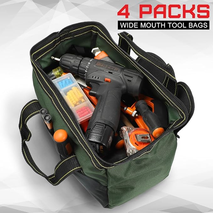 4 Pieces Tool Bag with Waterproof Strong Molded Base Multi Pockets Wide Mouth Tool Tote Multifunctional Large Capacity Organizer Heavy Duty Tools Storage Bag for Men Carpenter Electrician