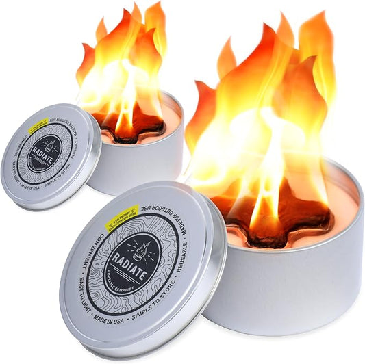 Radiate 2-Pack Portable Tabletop Firepit Campfire in a Can - 4" White Modern - 2 Hours Warmth & Burn Time - Soy Wax Portable Fire - Lightweight Camping Fire & Safe Tabletop Firepit