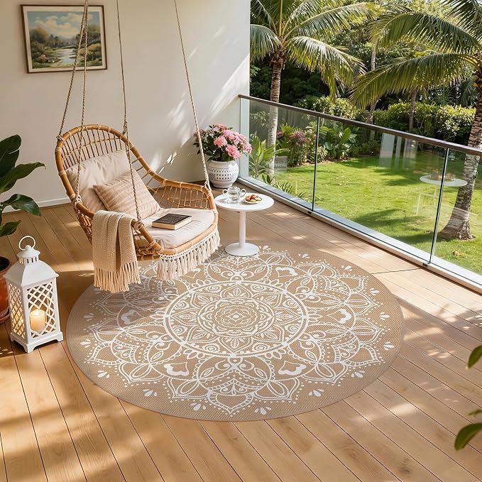 Pauwer Waterproof Outdoor Rug 8ft, Reversible Plastic Straw Patio Camping Rug, Indoor Outdoor RV Mat Carpet for Deck, Camper, Porch, Balcony, Backyard, Picnic, Floral Brown