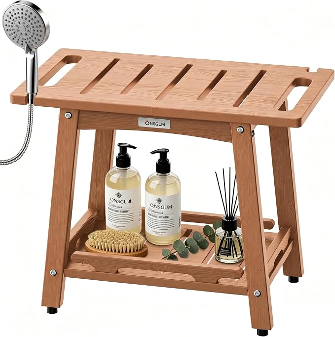 22" Large Shower Bench Seat, Non-Slip Shower Benches for Inside Shower to Sit on, HDPE Waterproof Shower Stool, Shower Chair with Adjustable Feet for Bathroom, Indoor/Outdoor Use, Teak