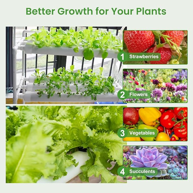 Upgraded Hydroponics Growing System, 36 Plant Sites, 1 Layers 4 Food-Grade PVC-U Pipes,hydroponics Growing System Kits, Gardening Systems Grow Kits with Water Pump Timer, nests Basket and Sponge
