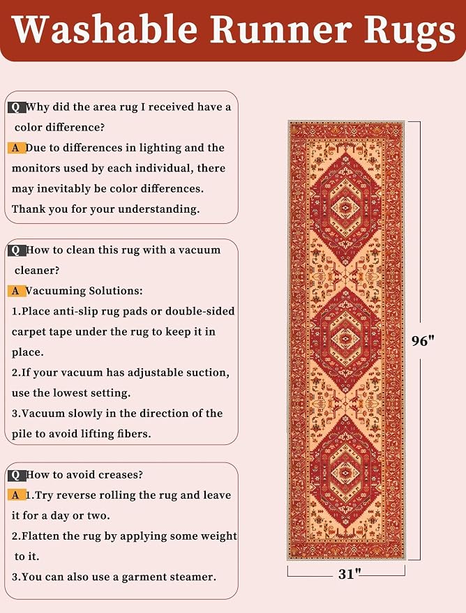SERISSA 2'6"x8' Washable Non Slip Boho Runner Rug for Hallway，Red | Ultra Soft Vintage Oriental Carpet Low-Pile Distressed Tribal Floor Carpet for Kitchen Bedroom Bathroom Laundry Room