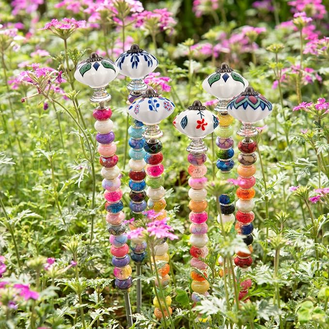 Decorative Garden Stakes DIY Fairy Wand Beaded Garden Plant Stakes Kit with Ceramic Stopper Tops Silver Pendant Threaded Rod,100 Colorful Beads for Indoor Outdoor Plant Flower Pot Décor