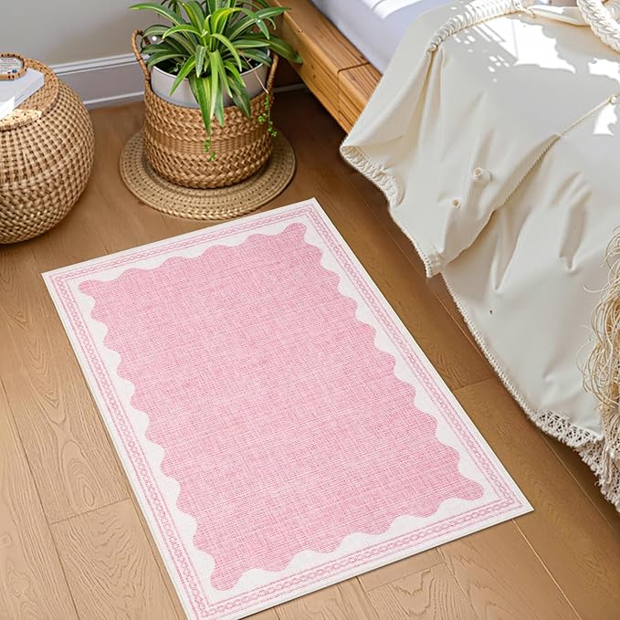 GarveeHome Door Mat Indoor Rugs for Entryway Small Rug 2x3 Washable Non-Slip Solid Pink Modern Minimalism Low-Pile Scalloped Throw Carpet for Girls Bedroom Kitchen Bathroom Entrance