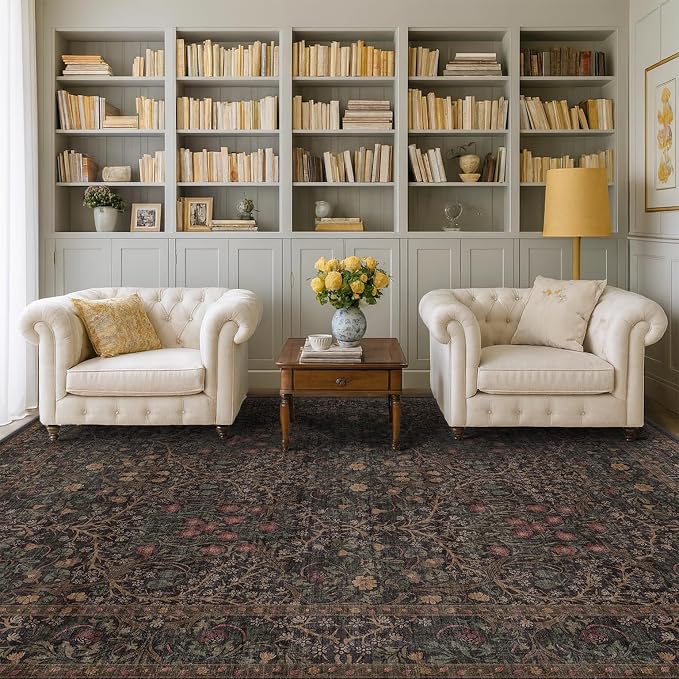 Dark Brown 6x8 Dining Room Rugs for Under Table - Washable Area Rug for Living Room, Low Pile Non-Slip Floor Carpet for Bedroom - Vintage Design & Stain Resistance