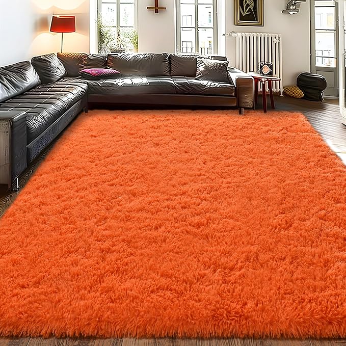 Soft Shag Fluffy Living Room Rug 6x9 Orange Washable | Upgrade Non-slip, 6 x 9 Shaggy Area Rugs for Bedroom, High Pile Fuzzy Plush Carpet Girls Kids Room Dorm, Flame Resistant