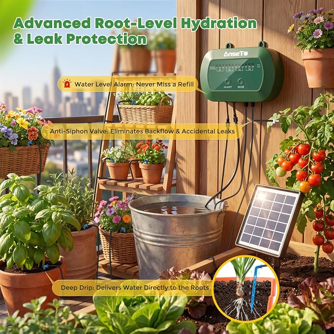 Solar Drip Irrigation System, Automatic Watering Kit with Split Design & Anti-Siphon Valve, 12 Modes Garden Irrigation System with 49ft Hose for 15 Potted Plants, Patio, Balcony & Greenhouse