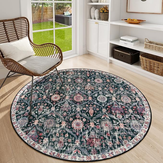 Lahome Moroccan Round Area Rugs, Washable Small Round Rug 3ft Non-Slip | Trellis Soft Vintage Ultra-Thin Circle Carpet for Bedroom Entryway Kitchen Laundry Bathroom Elise Black/Multi