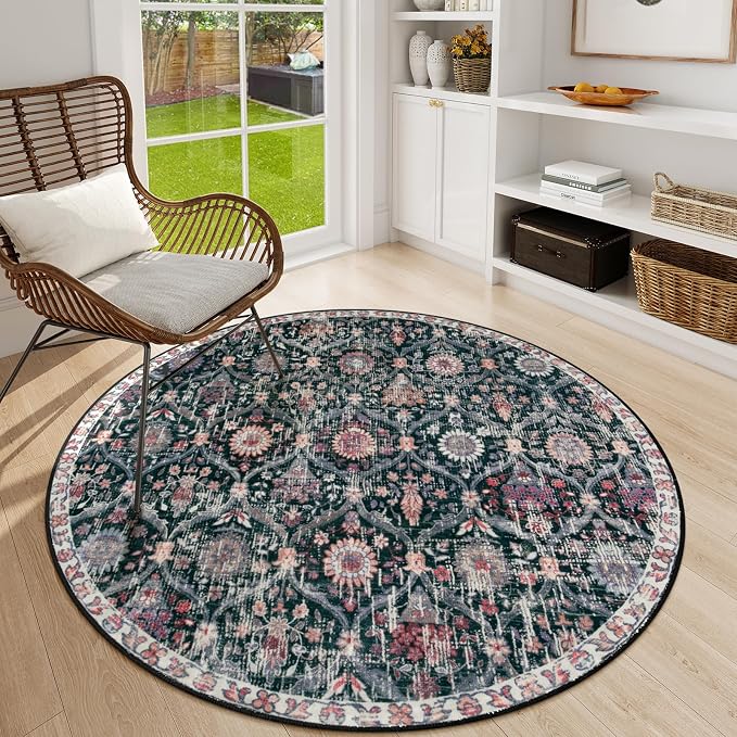 Lahome Moroccan Washable Round Rugs, Non-Slip Soft Round Rug 4ft Ultra-Thin | Trellis Small Vintage Circle Carpet for Entryway Kitchen Bedroom Nursery Bathroom Elise, Black Multi