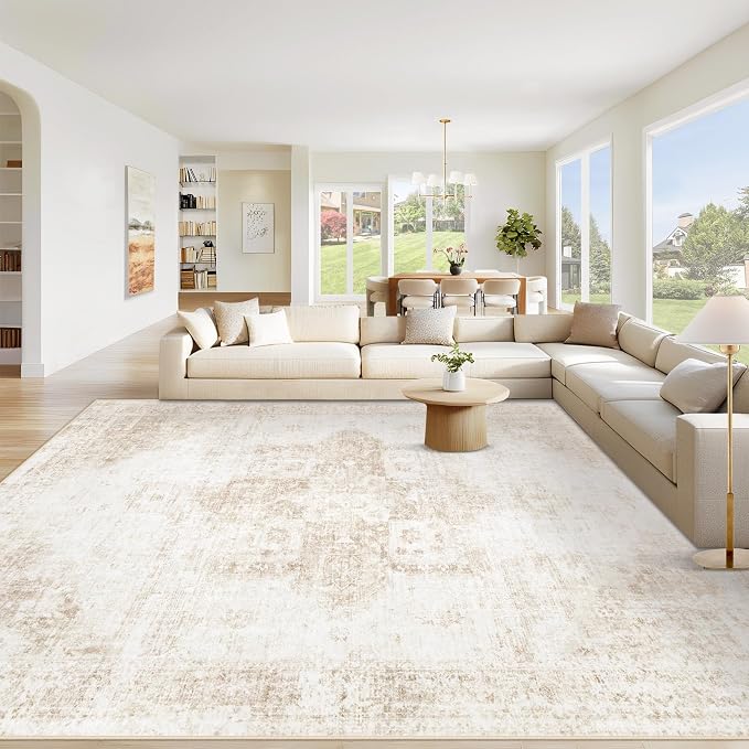 Area Rug 8x10 Washable Rug, Vintage Boho Medallion Rugs Non-Slip Soft Low Pile Large Distressed Rug Indoor Retro Carpet for Living Room Bedroom Dining Room Office Children's Room(Beige, 8'x10')