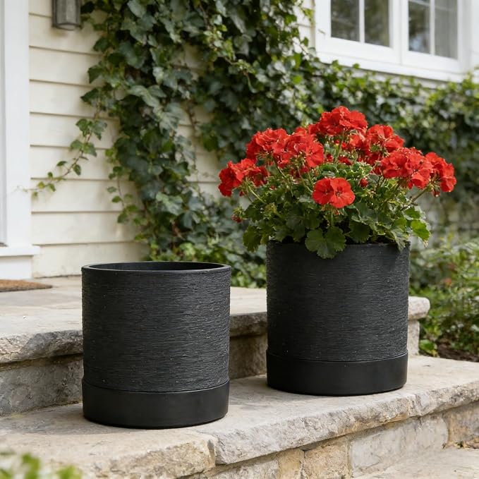 GreenShip Planter Set of 2 (GK-Black, 9.8in+7.8in) – Cylinder Planters with Drainage Hole and Planter Saucer, Jun Porcelain Clay & Recycled Resin, Decorate Home,Office & Outdoor
