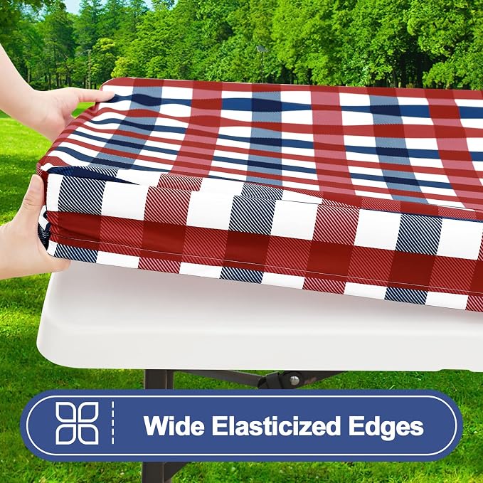 Smiry Picnic Table Cover with Bench Covers, Waterproof Elastic Fitted Tablecloths for 5 Foot Rectangle Tables, Washable Buffalo Plaid Tablecloth for Camping, Outdoor (Red & Blue, 30"x60")