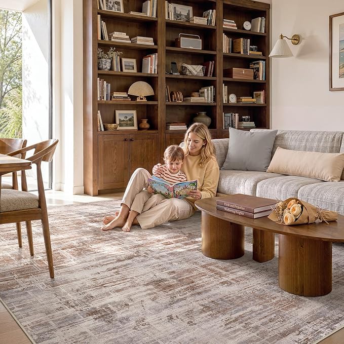 UERMEI 8x10 Area Rug for Living Room Washable Abstract Red Brown Carpet | Low Pile Non-Slip Soft Neutral Modern Kid Pet Friendly Large Rugs For Bedroom Dining Room Nursery Office Indoor Decor