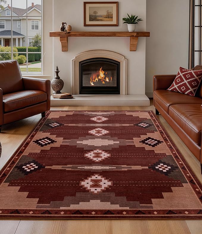 YIHOUSE 8’x10’ Washable Western Red Aztec Area Rug for Living Room | Soft, Non-Slip, Low Pile, Southwestern Retro Navajo Large Rug for Bedroom Dining Room, Red/Brown