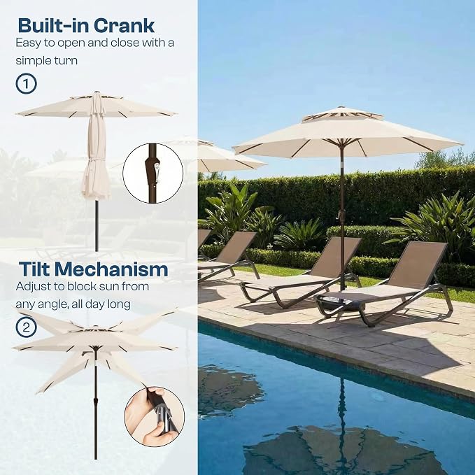 10FT Patio Umbrella, 2 Tier Outdoor Table Umbrella, Large Vented Market Umbrellas with Push Button Tilt and Crank, 8 Sturdy Ribs for Backyard, Deck, Pool, UPF50+ UV Protection