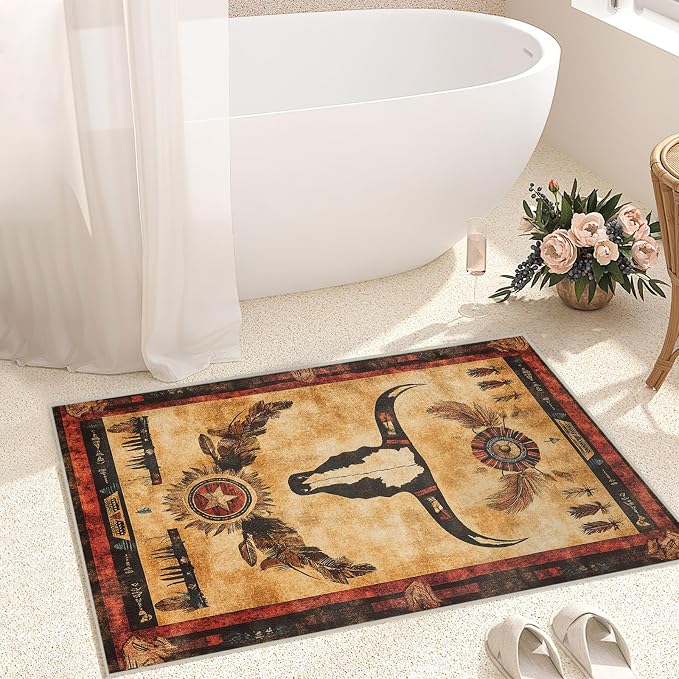 Western Area Rug Southwestern Cow Washable 2x3 Navajo Tribal Rugs for Living Room Bedroom Cowboy Rustic Non-Slip Soft Floor Large Carpet for Office Entryway Bathroom