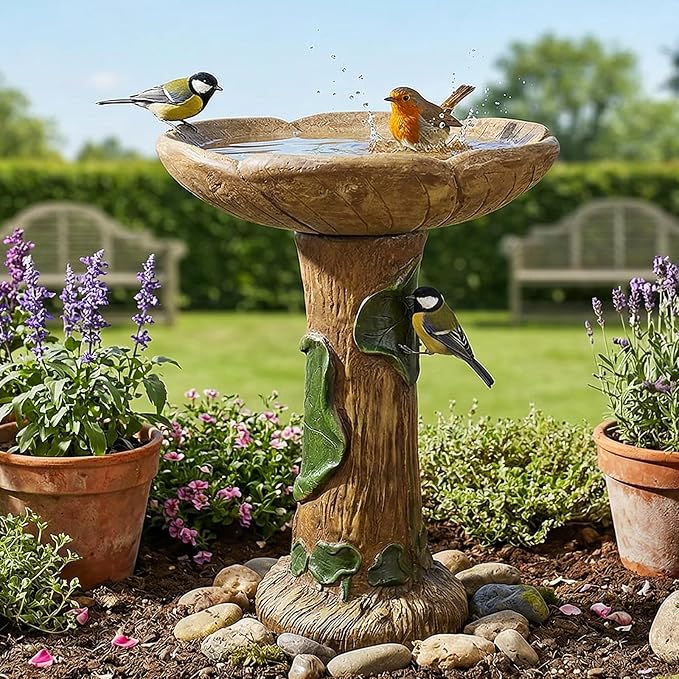 SunJet 24” High x 19” Diameter Outdoor Bird Bath with Tree Stump Leaf Design - Fibre Reinforced Concrete Birdbaths for Garden, Patio, Yard, Lawn Décor