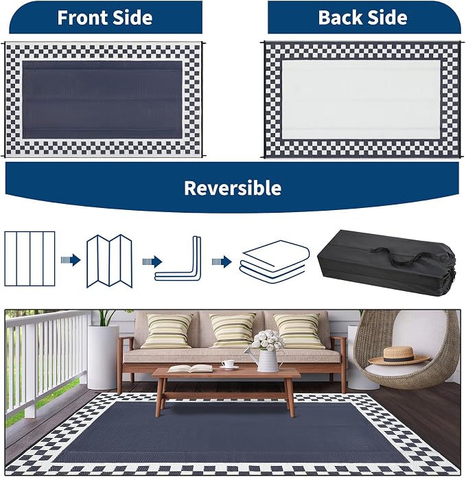 Waterproof Plastic Straw Outdoor Rug 9x18 Patio Reversible UV Resistant Foldable Camping Carpet Modern Geometric Border Large Outdoor Rugs for Deck, Porch, Camper, Balcony, Beach，Blue