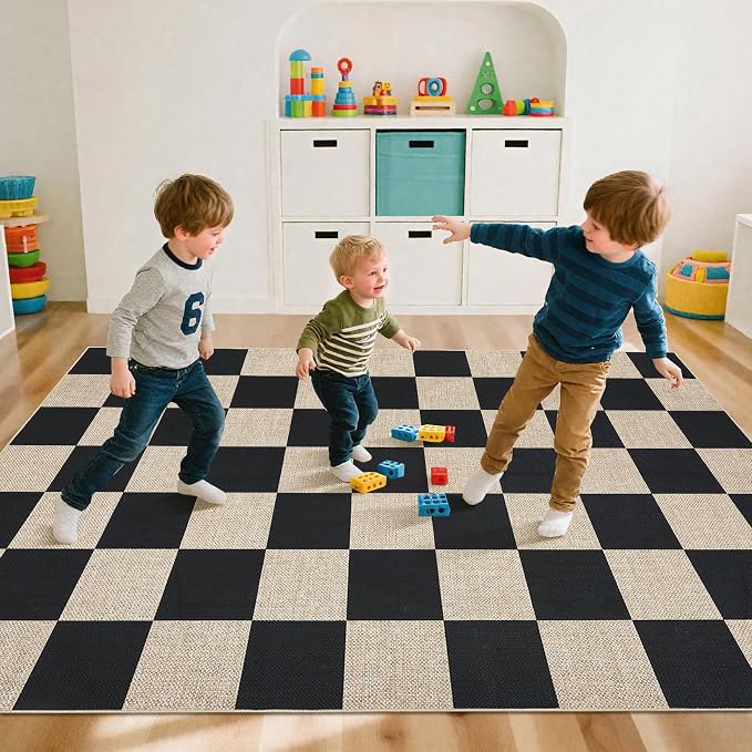 GarveeHome 9x12 Checkered Easy Jute Rugs for Bedroom Machine Washable Large Rugs Non-Slip Backing Modern Neutral Stain Resistance Carpets for Farmhouse Patio Dining Room Backyard Black