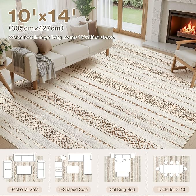 kakania Washable 10x14 Area Rug for Living Room: Boho Geometry Home Decor | Soft Stain Resistant, Low-Pile, Non-Slip, Pet & Kid Friendly, Thin Rug for Bedroom/Dining Room/Kids Dorm - Square Brown