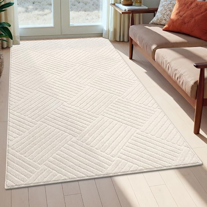 3x5 Living Room Area Rug, Beige Soft Geometric Fluffy Bedroom Mat | Washable Modern Indoor Floor Mat, Non Slip Shaggy Boho Accent Throw Carpet for Office, Dorm, Nursery and Dining Room