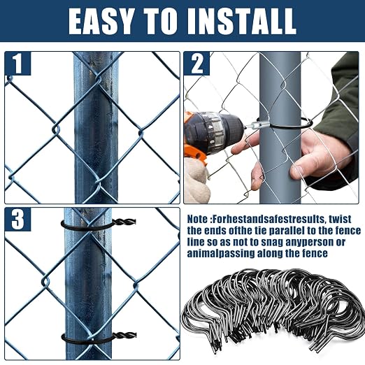 Hicarer 200 Pcs 2-3/8‘’ OD Twist Fence Ties Preformed 9 Gauge Galvanized Steel with Drill Chuck Pre-Cut Chain Link Fence Tools for Fixing Chain Link Mesh to Posts Farms Gardens (Black)