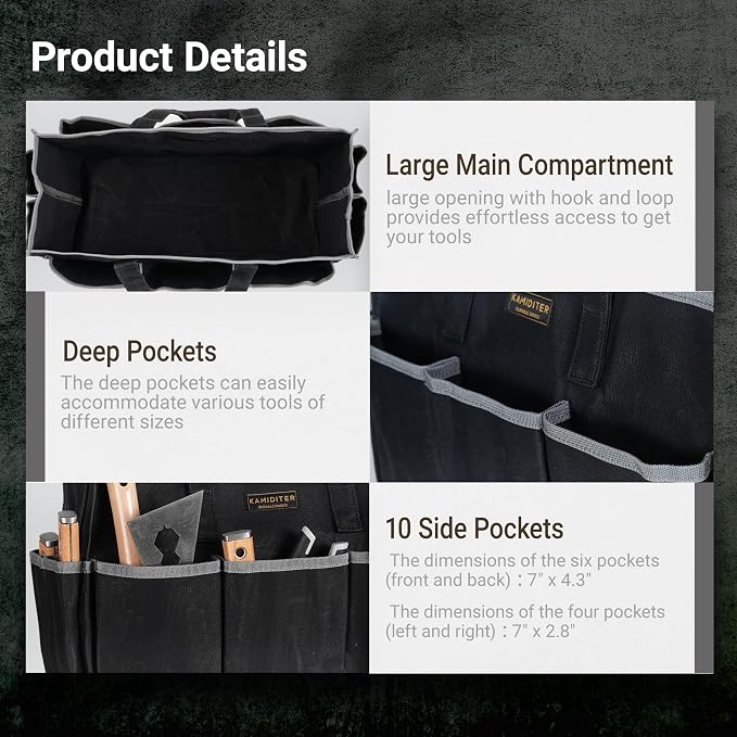 Waxed Canvas Tote Bag, Heavy Duty Multi-Purpose Canvas Tool Bag with 10 Pockets for Screwdrivers/Wrench/Pliers/Electricians Storage, Black