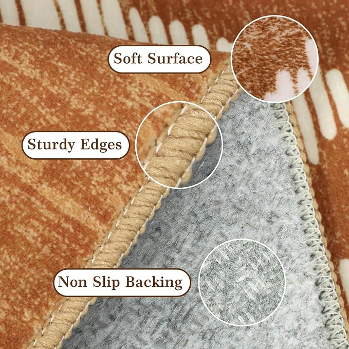 Boho Brown Area Rugs 8x10ft Non Slip, Large Low Pile Washable Rugs for Living Room, Soft Bedroom Area Floor Carpets for Dining Room Kids Nursery Playroom Farmhouse Office
