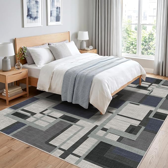 Pionblank Modern Geometric Area Rugs for Bedroom, Slate Blue 4x6 Rug | Blue Grey Patchwork Blocks Indoor Carpet for Living Room Dining Room Office | Soft Low-Pile Floor Rug | Abstract | Non-Slip
