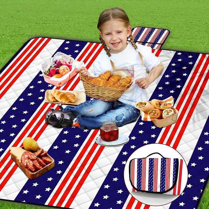 Poedist Extra Large Patriotic Picnic Blanket Waterproof,60"x 80"Foldable Machine Washable Beach Blanket,Outdoor Blanket for 6-8 Adults,Suitable for Indoor Crawling,Park Beach,Camping,Hiking,Travel