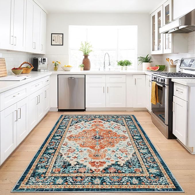 U'Artlines Boho Vintage Area Rug 3x5 Machine Washable Carpet,Orange/Multi | Low Pile, Non Slip, Ultra-Thin Soft Floor Carpet, Accent Rug for Living Room Bedroom Entryway Dining Room Office