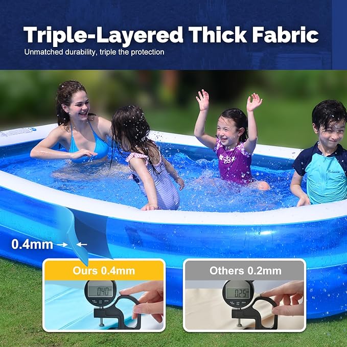 Inflatable Swimming Pool Outdoor Lawn Ground Rectangular Swimming Pool for Kids or Adults (Max 103x69x20±3 Inch)