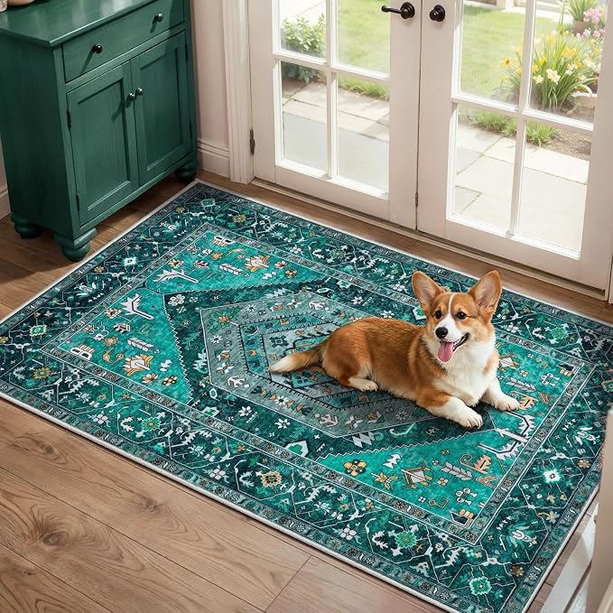 SERISSA 2x4 Washable Non Slip Boho Runner Rug for Entryway，Teal | Ultra Soft Vintage Oriental Carpet Low-Pile Tribal Entrance Carpet for Kitchen Bedroom Hallway Laundry Room Bathroom