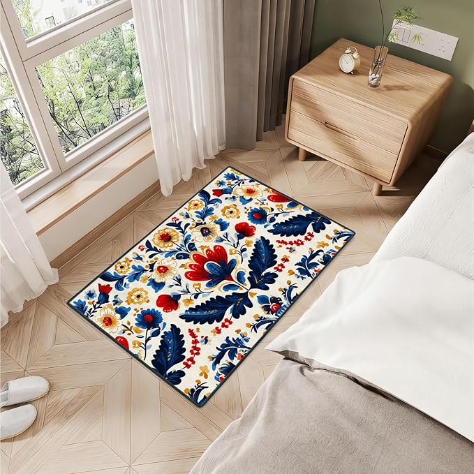 Red and Blue Floral 2x3 Entryway Rug,Non-Slip Washable Door Mat for Kitchen,Bathroom Front Door - Rubber Backing Stain Fade Resistant - Traditional Cottage Style Home Decor