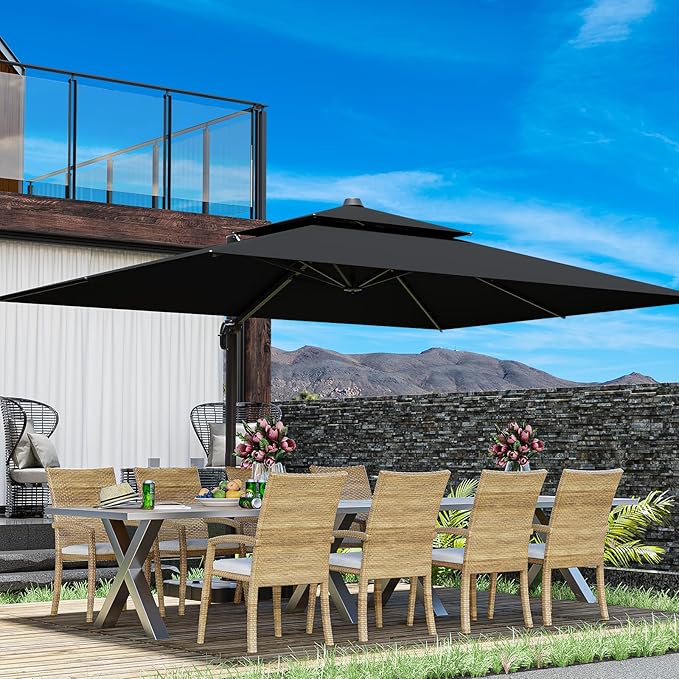 10x13FT Cantilever Outdoor Patio Umbrellas，Double Top Large Rectangle Umbrella Heavy Duty 360°Rotation Offset Outdoor Sun Shade Umbrella for Garden Deck Pool Backyard Patio, Black