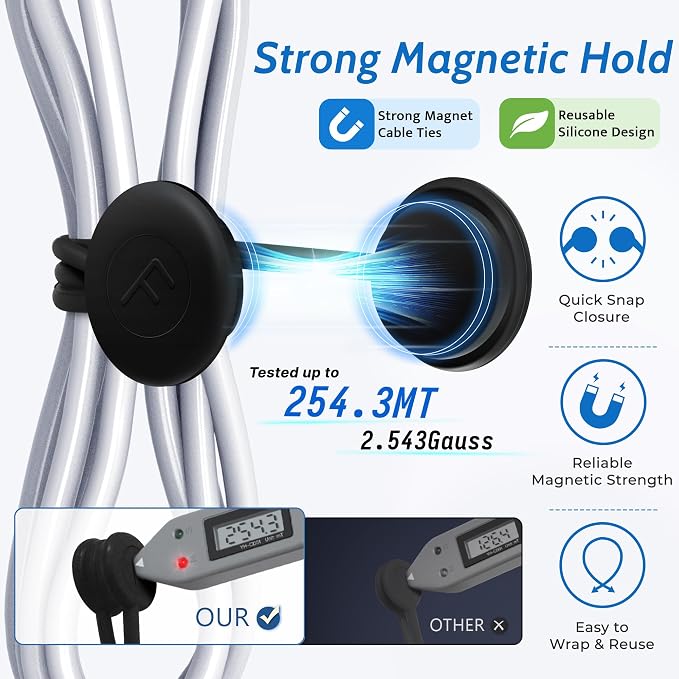 COOLMI Magnetic Cable Ties 8 Pack, 6.88 Inch Reusable Silicone Cord Organizer Wraps, Strong Magnet Cable Management Straps for Charging Cords, USB Cables, Earbuds, Desk, Travel, Black